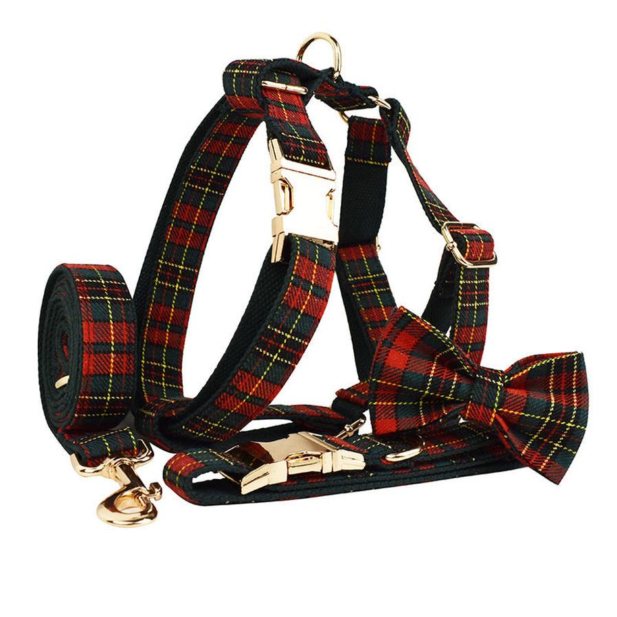 HKM-737363 Plaid Christmas Pet Collar and Leash Set with Bow and Vest ¨C Four or Five Piece Options Available