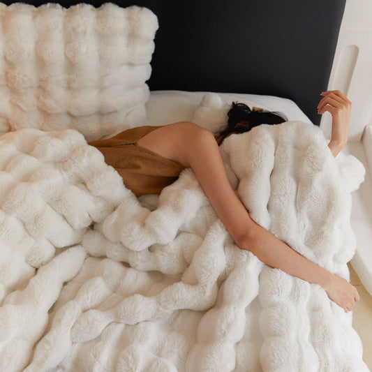 HKM-737427 Fur Rabbit Hair Sofa Blanket - Simple Solid Color in Tuscany White, Grey, or Light Camel