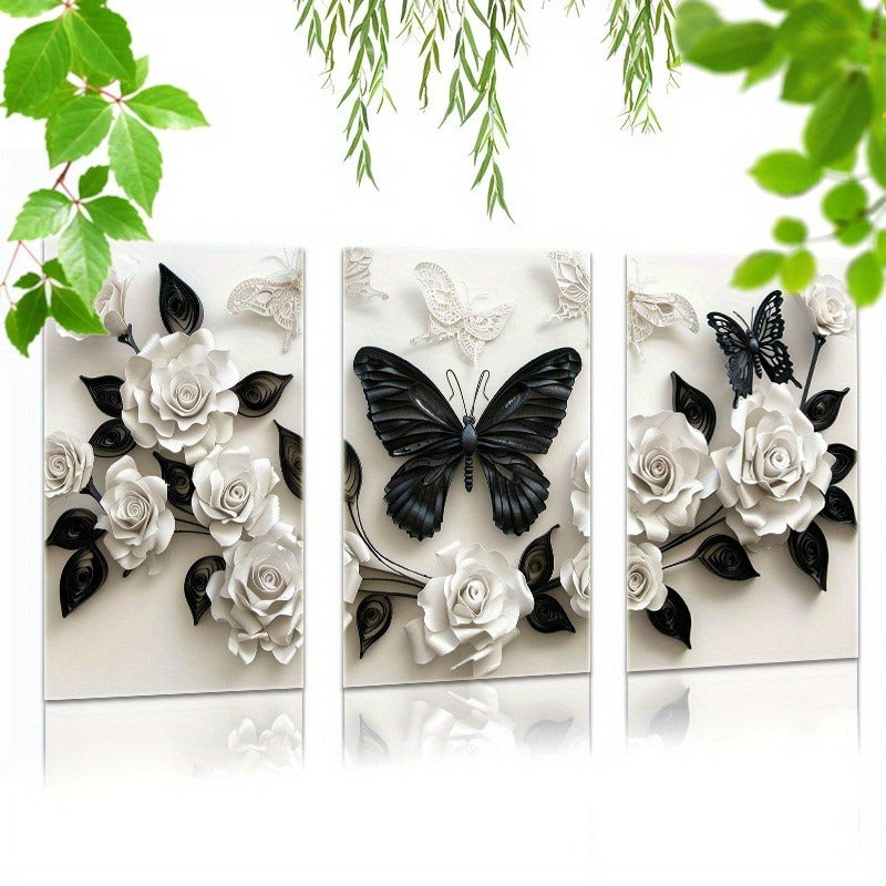 HKM-737747 Framed Canvas Art Set Featuring Black Butterfly and White Roses - Multiple Sizes Available