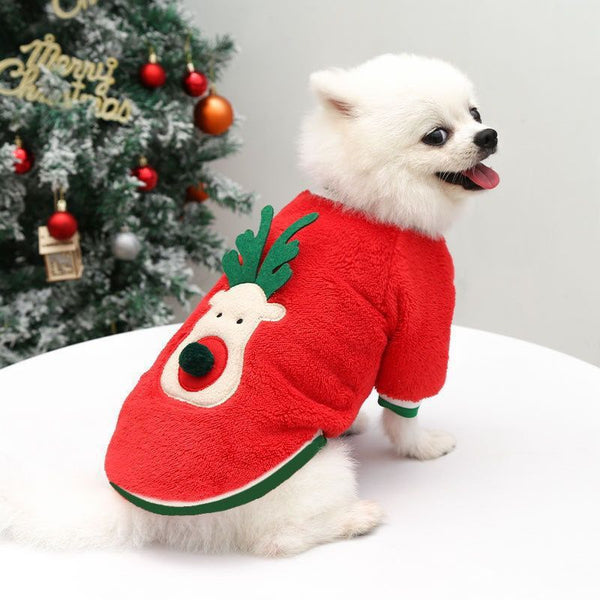 HKM-7378877 Pet Plus Velvet Christmas Print Sweater for Pets - Fawn Red and Green Available in Multiple Sizes