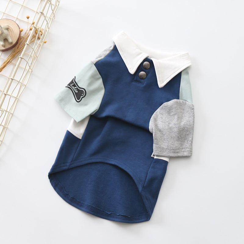 HKM-7380157 Dog Polo Shirt for Spring - Casual Two-Legged Clothing in Blue and Red, Cotton Material, Various Sizes Available