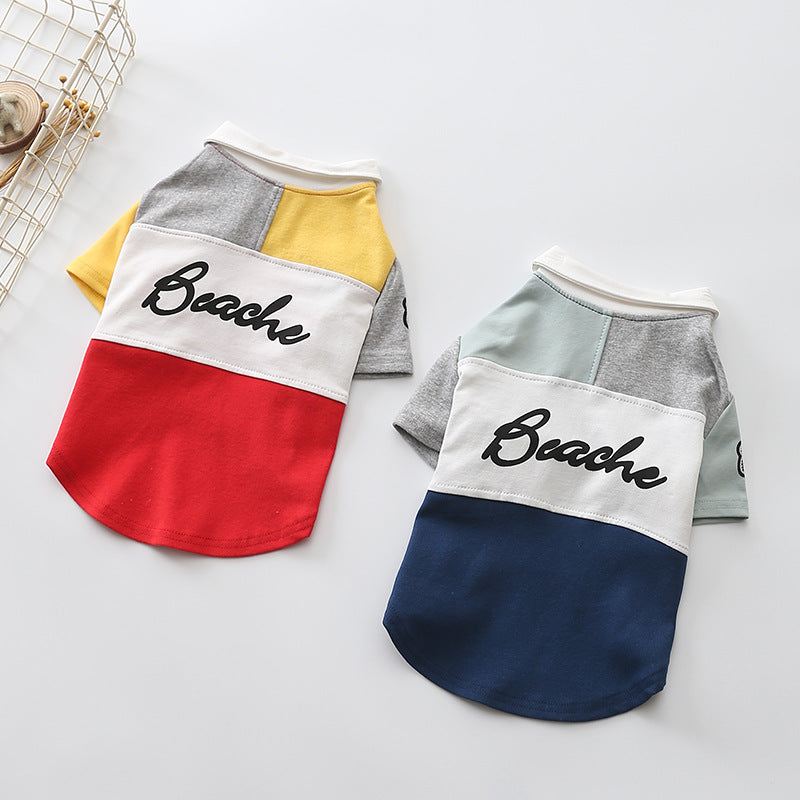 HKM-7380157 Dog Polo Shirt for Spring - Casual Two-Legged Clothing in Blue and Red, Cotton Material, Various Sizes Available