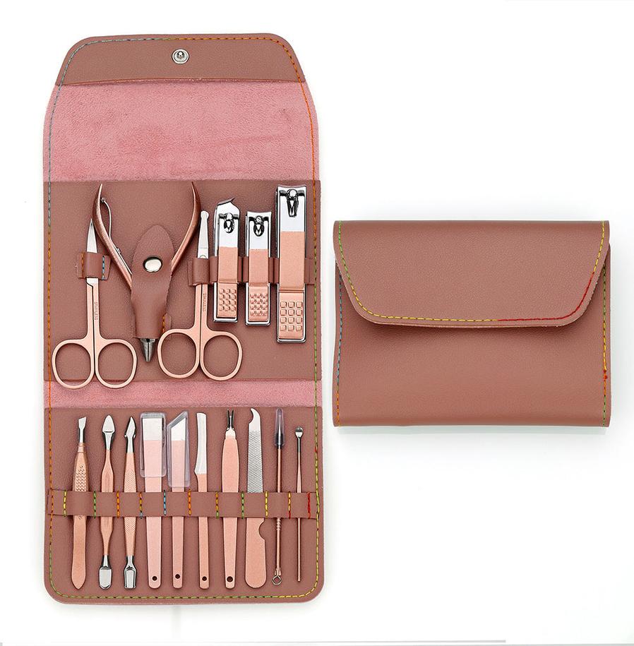 HKM-738131 Rose Gold PU Leather 12-Piece Manicure Tool Set