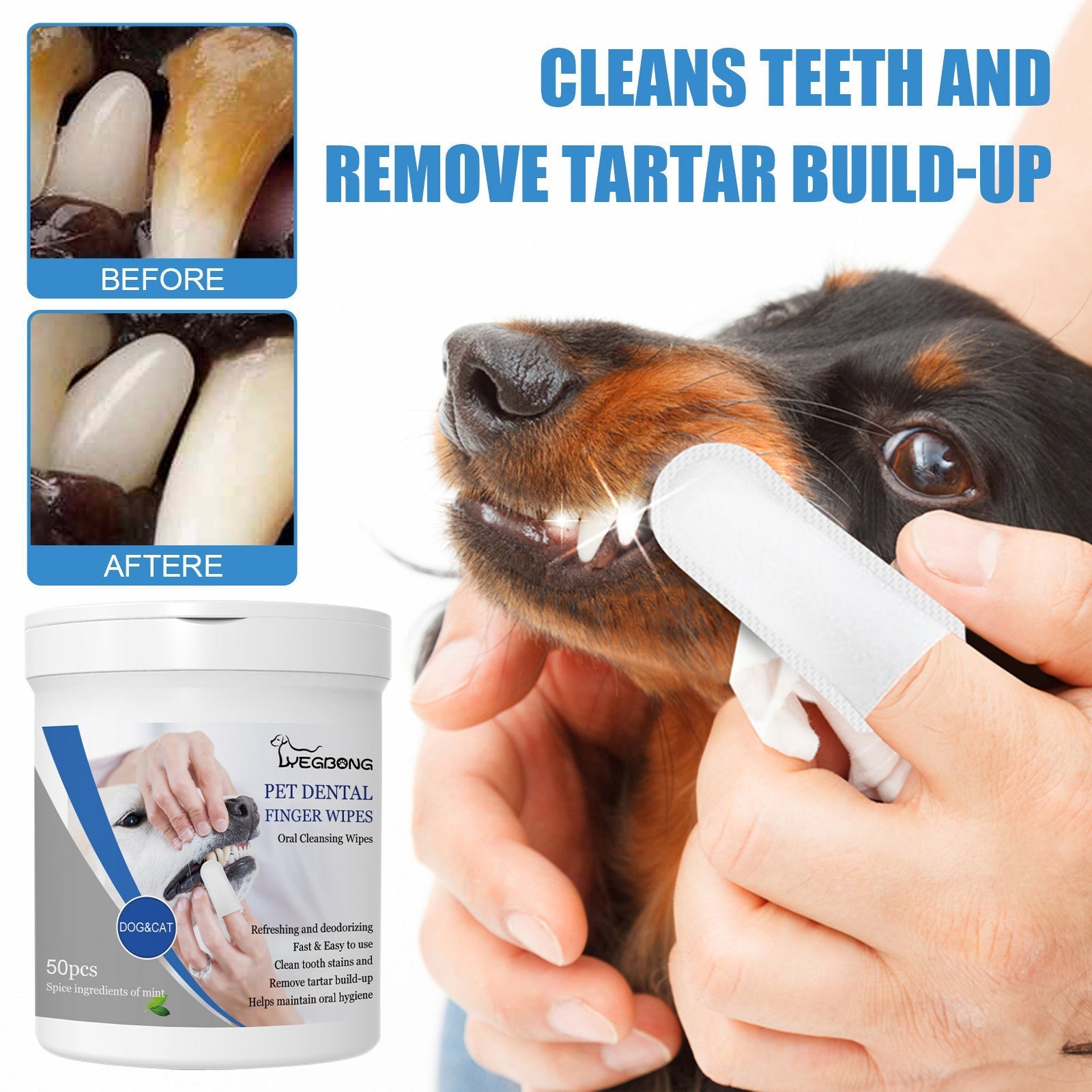 HKM-7381437 Pet Teeth Finger Wipes - Oral Care Cleaning Solution for Dogs, 50 Count