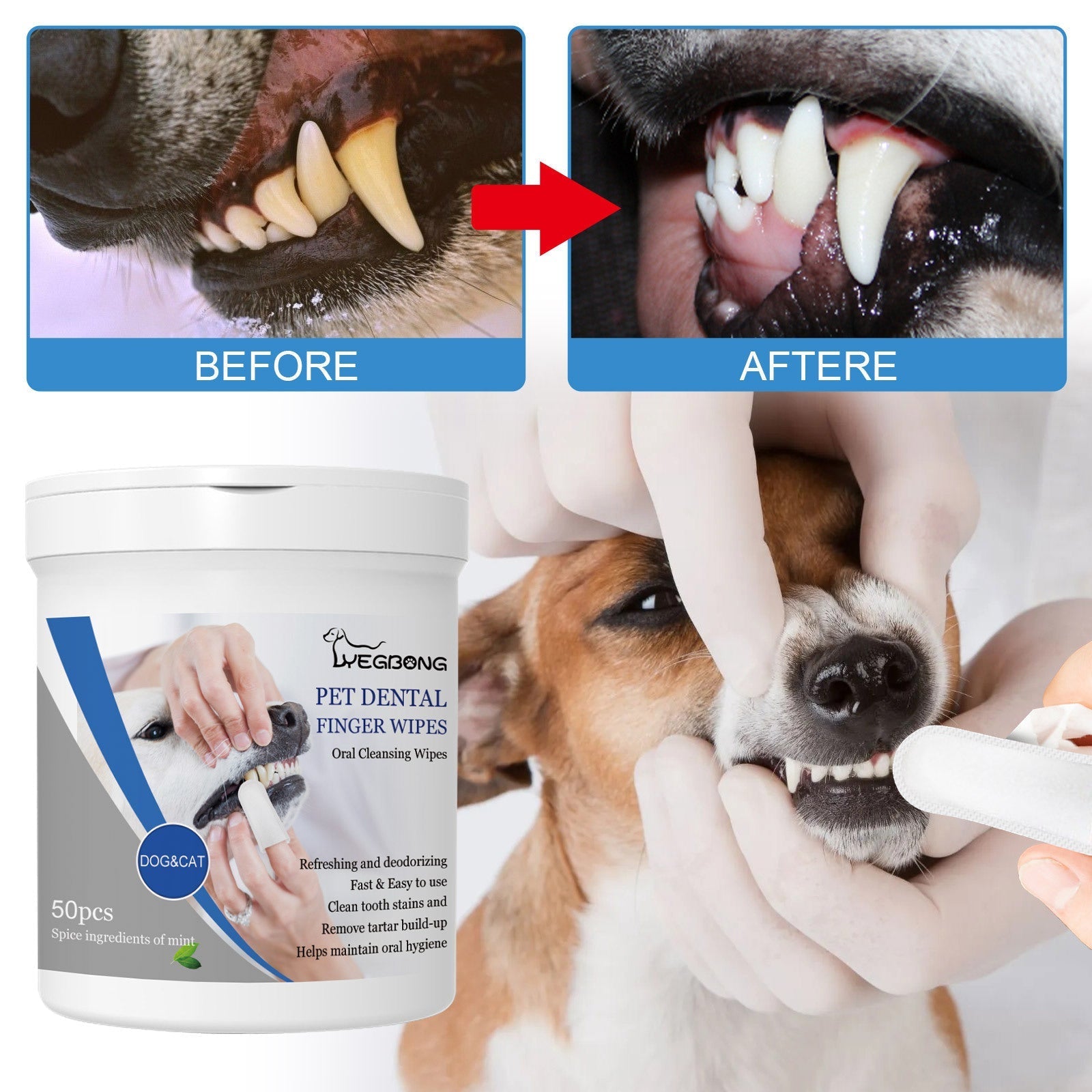 HKM-7381437 Pet Teeth Finger Wipes - Oral Care Cleaning Solution for Dogs, 50 Count
