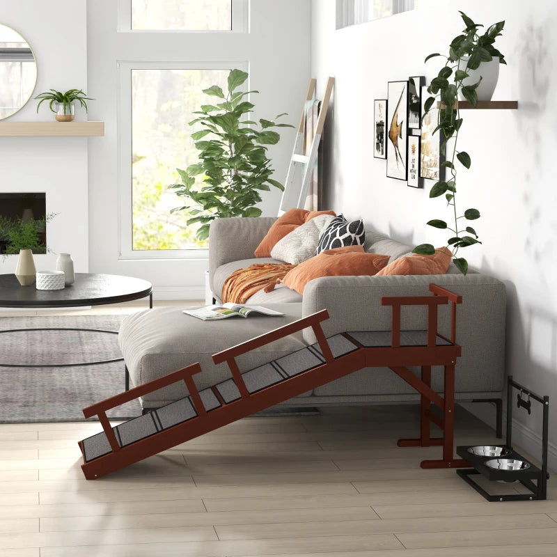 HKM-7385021 Wooden Dog Ramp with Removable Guardrails, Non-Slip Surface for Easy Access to Furniture, Brown