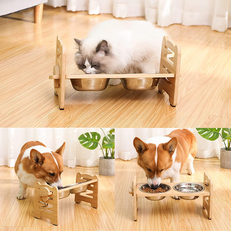 HKM-7385533 Wooden Pet Bowl Rack for Dog Food with Optional Bowls Included
