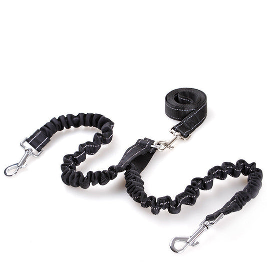 HKM-738643 Double Headed Dog Pull Rope Retractable Leash - Black Nylon, Scalable, 100CM Length