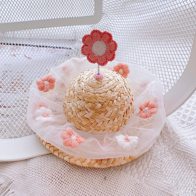 HKM-7389885 Blue Mesh Tutu Skirt with Pink or Blue Straw Hat for Small Dogs and Cats