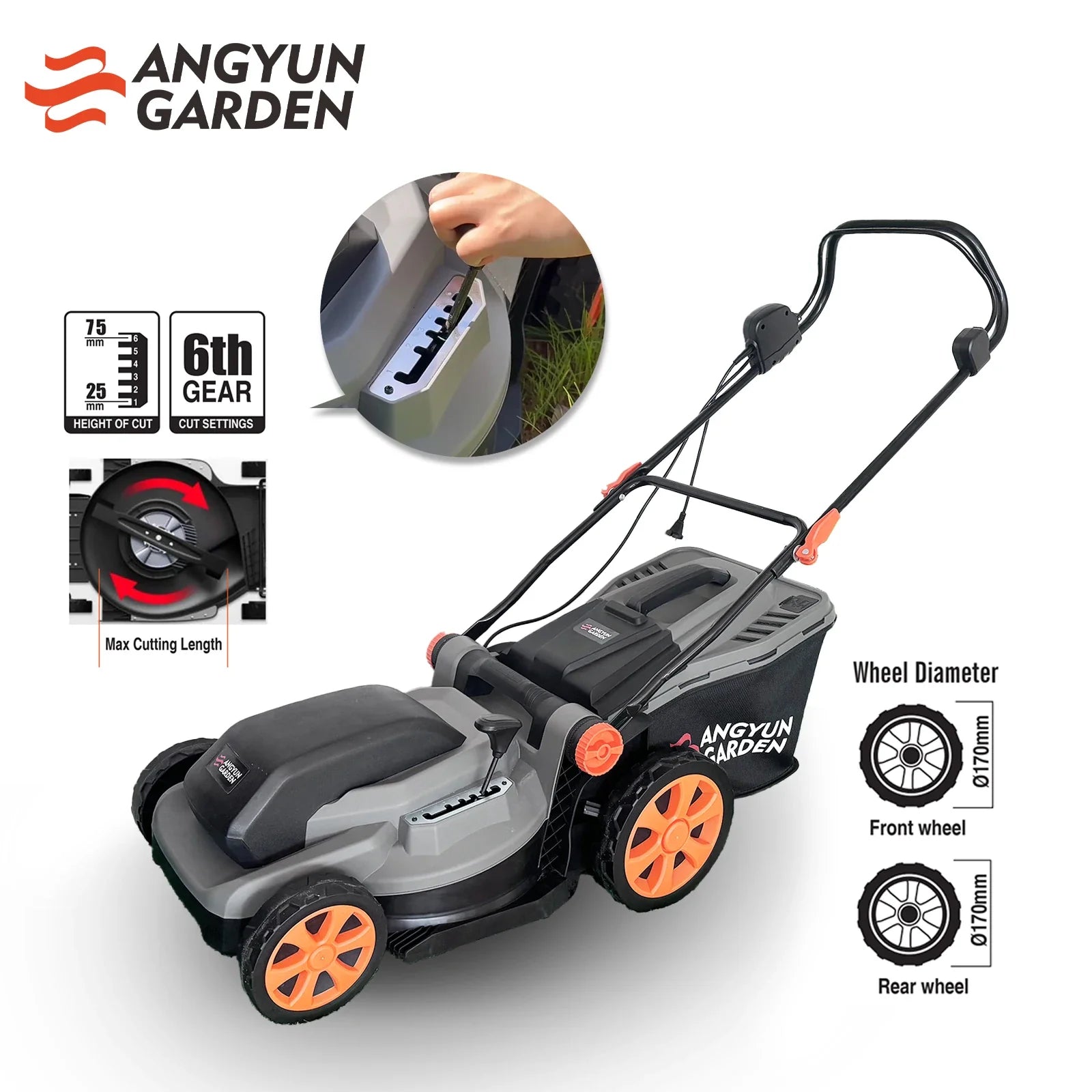HKM-739155 1200W Electric Lawn Mower with 6 Cutting Height Settings and 13-Inch Blade