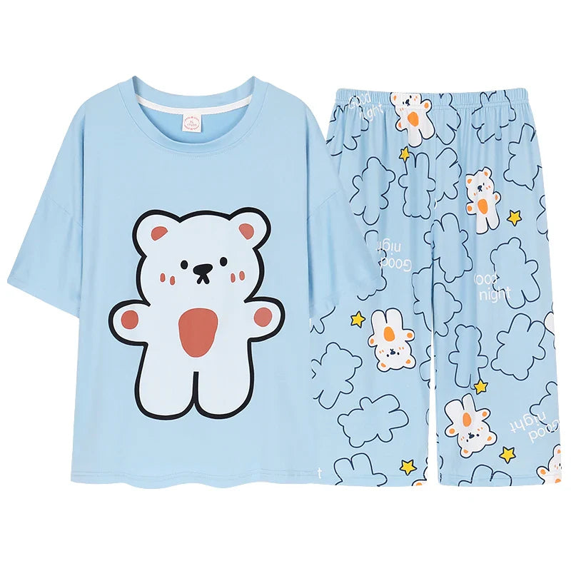 HKM-739347 New Arrival 2 Sets Short Sleeve Seven-minute Pants Thin Cute Cartoon Sleepwear Women's Cotton Pajamas