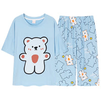 HKM-739347 New Arrival 2 Sets Short Sleeve Seven-minute Pants Thin Cute Cartoon Sleepwear Women's Cotton Pajamas