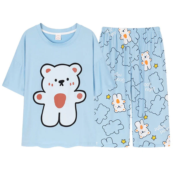 HKM-739347 New Arrival 2 Sets Short Sleeve Seven-minute Pants Thin Cute Cartoon Sleepwear Women's Cotton Pajamas