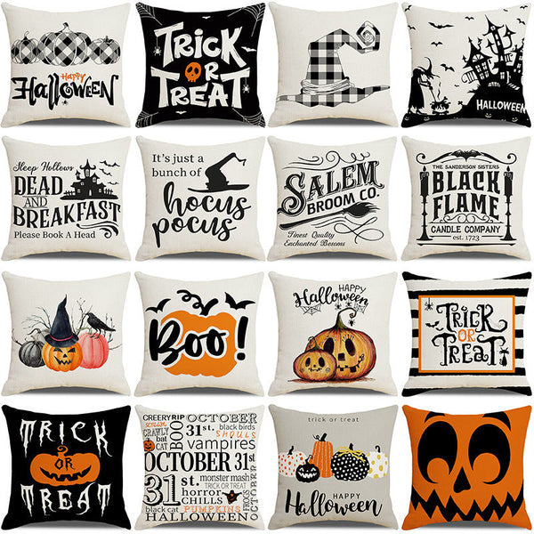 HKM-739347 Pumpkin Cartoon Alphabet Cushion Cover - Nordic Style Linen Waist Pillowcase 45x45cm
