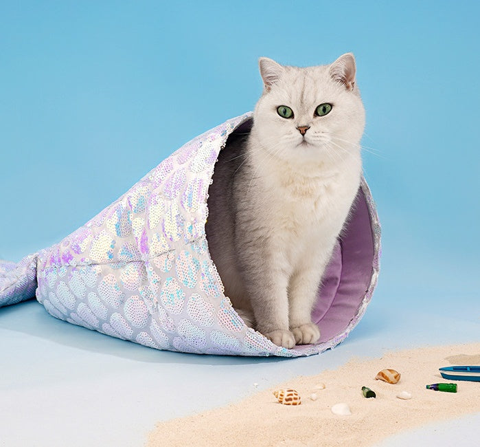 HKM-7395133 Mermaid Cat Nest - Cozy Winter Shelter for Pets, Soft Polyester Fiber Nest, 85x50x20cm