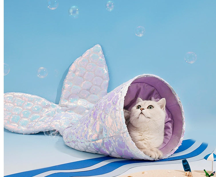 HKM-7395133 Mermaid Cat Nest - Cozy Winter Shelter for Pets, Soft Polyester Fiber Nest, 85x50x20cm