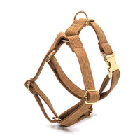 HKM-7397693 Brown Corduroy Pet Collar Set with Gold Buckle, Rope, Bow, Garbage Pack, and Chest Harness
