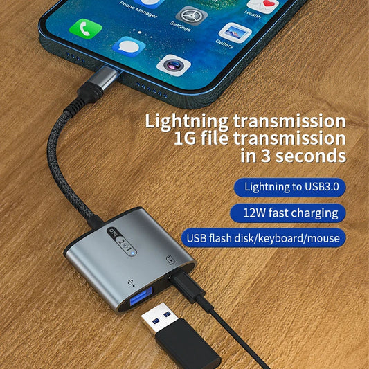 HKM-739859 2 in 1 USB OTG Adapter with Lightning Connector and USB 3.0 for iPhone and iPad - Supports Keyboard, Mouse, and Charging