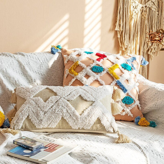 HKM-739923 National Style Tufted Cotton Canvas Pillowcase with Floral Pattern