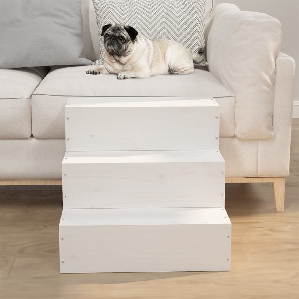 HKM-7400125 Solid Pine Wood Pet Stairs - Easy Access for Dogs and Cats, White, 40x37.5x35 cm and 40x49x47 cm