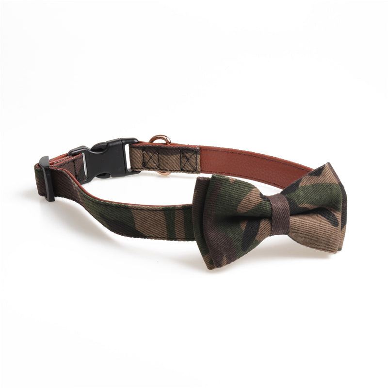 HKM-7403069 Bowknot Adjustable Traction Collar for Small to Large Dogs - 100% Cotton & PU Leather, Lattice Pattern