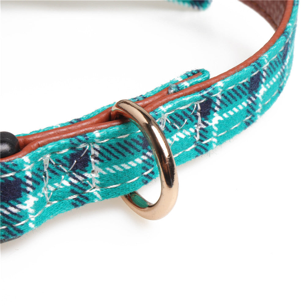 HKM-7403069 Bowknot Adjustable Traction Collar for Small to Large Dogs - 100% Cotton & PU Leather, Lattice Pattern