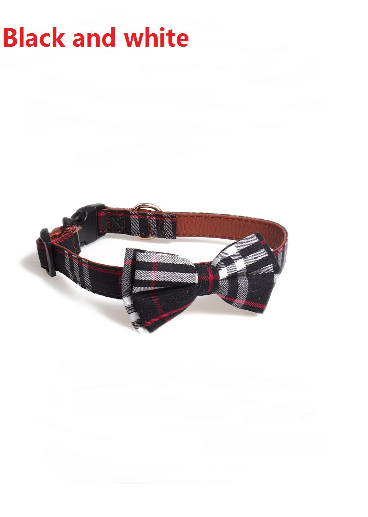 HKM-7403069 Bowknot Adjustable Traction Collar for Small to Large Dogs - 100% Cotton & PU Leather, Lattice Pattern