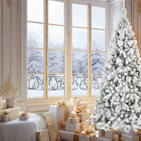 HKM-740563 8ft Pre-Lit Snowy Cedar Artificial Christmas Tree with Warm White LED Lights and Metal Stand