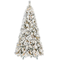 HKM-740563 8ft Pre-Lit Snowy Cedar Artificial Christmas Tree with Warm White LED Lights and Metal Stand