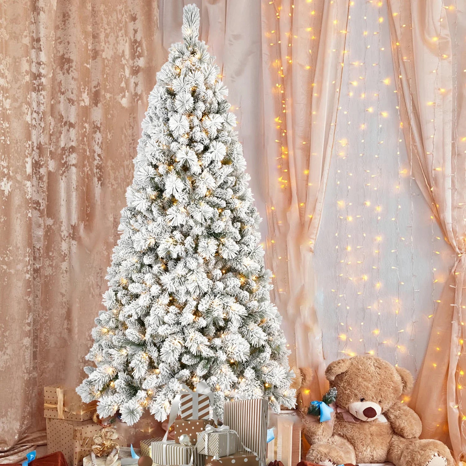 HKM-740563 8ft Pre-Lit Snowy Cedar Artificial Christmas Tree with Warm White LED Lights and Metal Stand