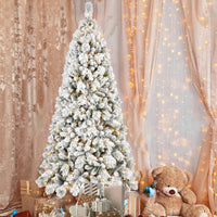 HKM-740563 8ft Pre-Lit Snowy Cedar Artificial Christmas Tree with Warm White LED Lights and Metal Stand
