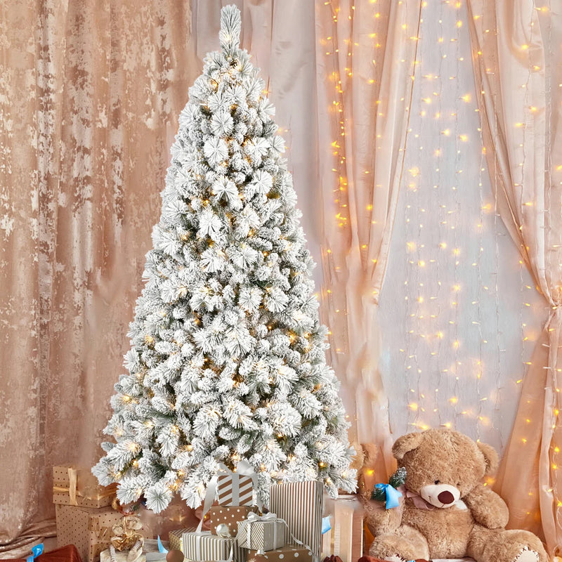 HKM-740563 8ft Pre-Lit Snowy Cedar Artificial Christmas Tree with Warm White LED Lights and Metal Stand