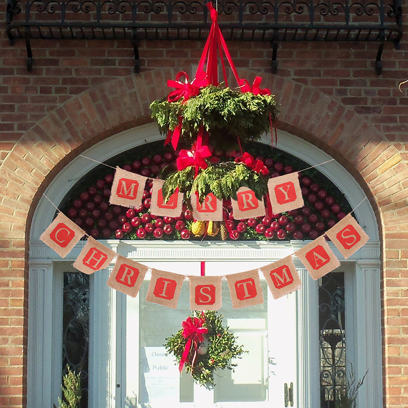 HKM-740563 Christmas Burlap Banner Decoration with 14 Flags - Festive Sackcloth Design