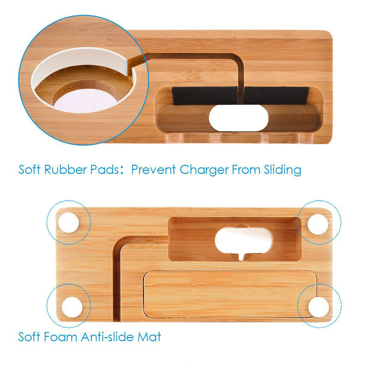 HKM-740627 Bamboo Charging Station with 3-Port USB Hub for Mobile Phones and Smartwatches