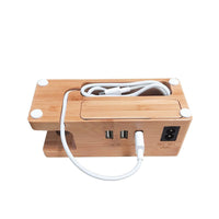HKM-740627 Bamboo Charging Station with 3-Port USB Hub for Mobile Phones and Smartwatches
