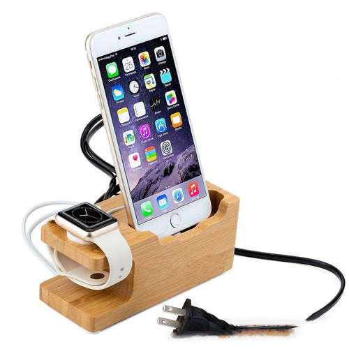 HKM-740627 Bamboo Charging Station with 3-Port USB Hub for Mobile Phones and Smartwatches