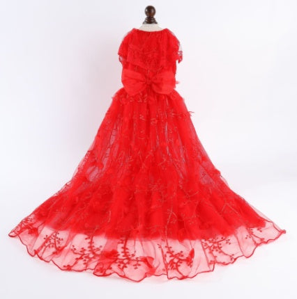 HKM-7407165 Gorgeous Cotton Embroidered Princess Pet Wedding Dress in White and Red, Sizes S to XL