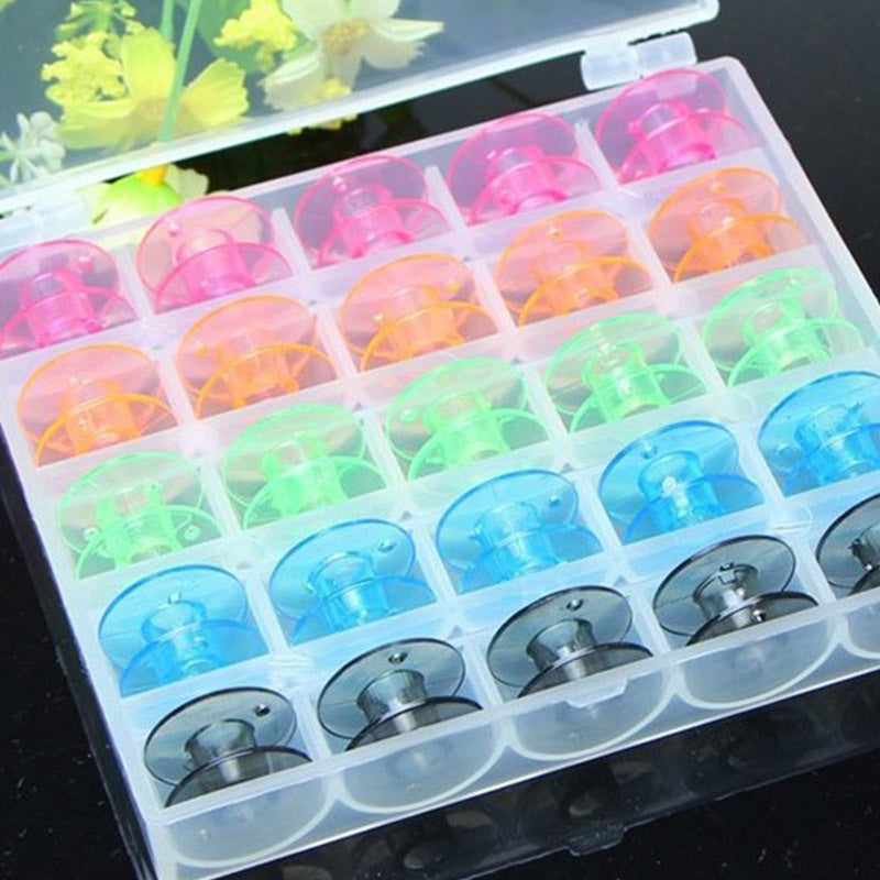 HKM-740947 Colorful Plastic Sewing Machine Bobbins - 25 Empty Bobbins in Storage Box