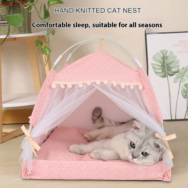 HKM-7410237 Foldable Outdoor Cat Nest Kennel - Summer Semi-Closed Pet Tent with Comfortable Mat