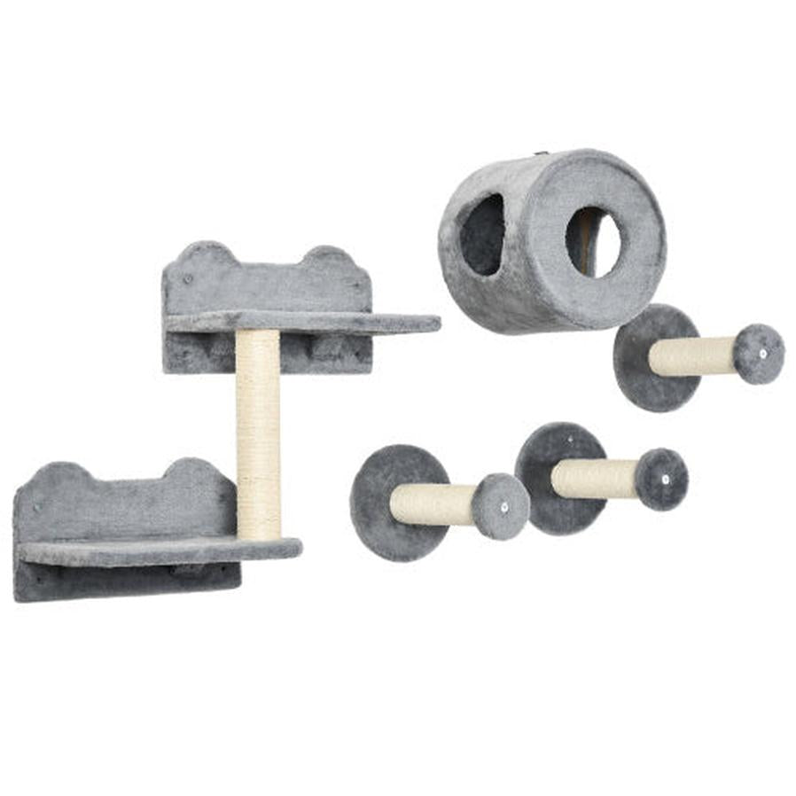 HKM-741267 5-Piece Cat Wall Shelves Set with Condo, Cushion, Scratching Post, and Jumping Platforms in Brown and Gray