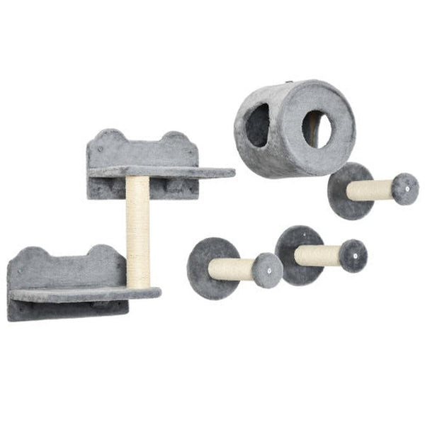 HKM-741267 5-Piece Cat Wall Shelves Set with Condo, Cushion, Scratching Post, and Jumping Platforms in Brown and Gray