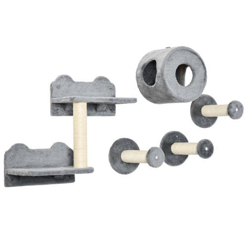 HKM-741267 5-Piece Cat Wall Shelves Set with Condo, Cushion, Scratching Post, and Jumping Platforms in Brown and Gray