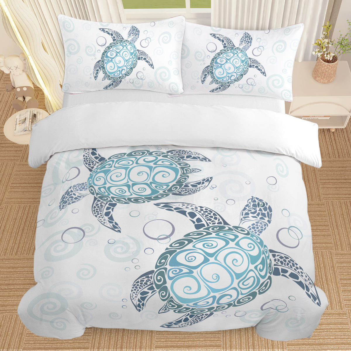 HKM-741267 Aqua Teal Blue Sea Turtle Microfiber Duvet Cover Set with Pillow Shams, Available in Twin, Full, Queen, King Sizes