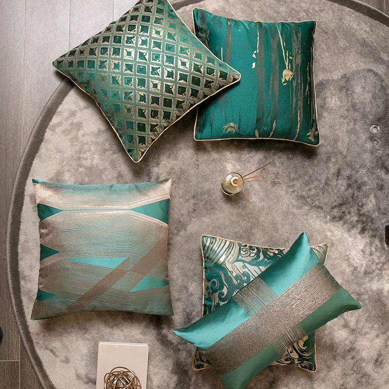 HKM-741331 Satin Jacquard Dark Green Geometric Abstract Pillowcase for Living Room and Bedroom Decor