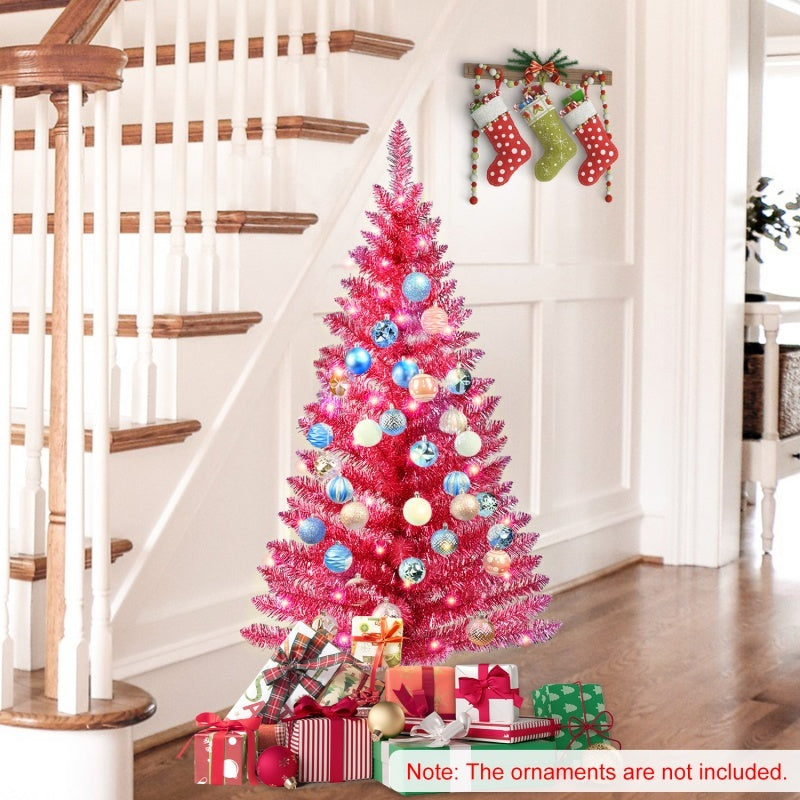 HKM-741395 4 Ft Red Artificial Christmas Tree with 50 Lights and 112 Branch Tips for Festive Decor