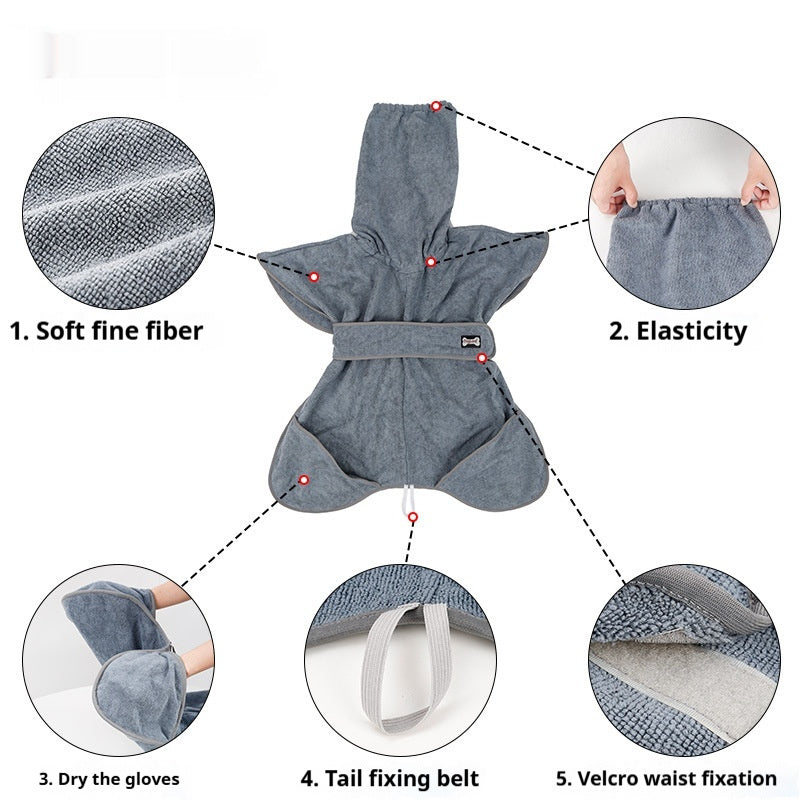 HKM-7414205 Quick-Drying Gray Cotton Dog Bath Towel - Strong Water-Absorbing Pet Bathrobe in M, L, XL