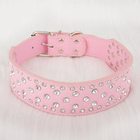 HKM-7414333 Elegant Rhinestone Leather Dog Collar for Small, Medium, and Large Dogs in Black, White, Red, and Pink