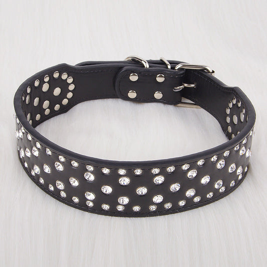 HKM-7414333 Elegant Rhinestone Leather Dog Collar for Small, Medium, and Large Dogs in Black, White, Red, and Pink