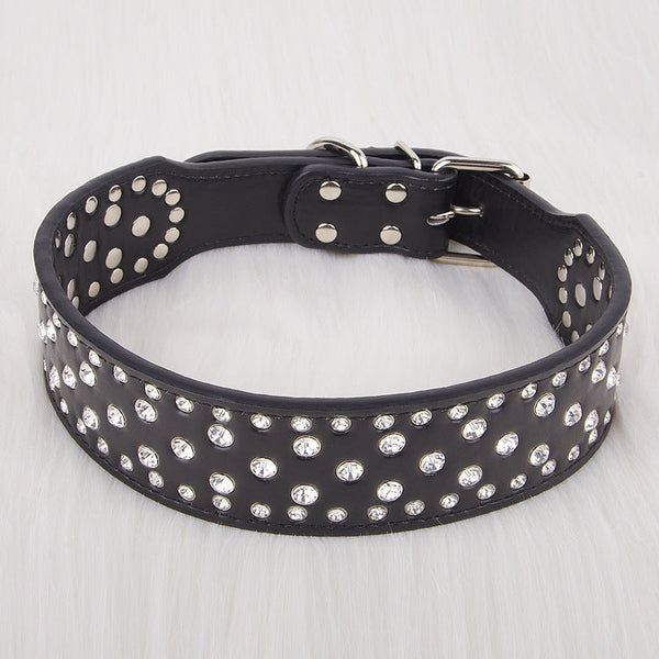 HKM-7414333 Elegant Rhinestone Leather Dog Collar for Small, Medium, and Large Dogs in Black, White, Red, and Pink