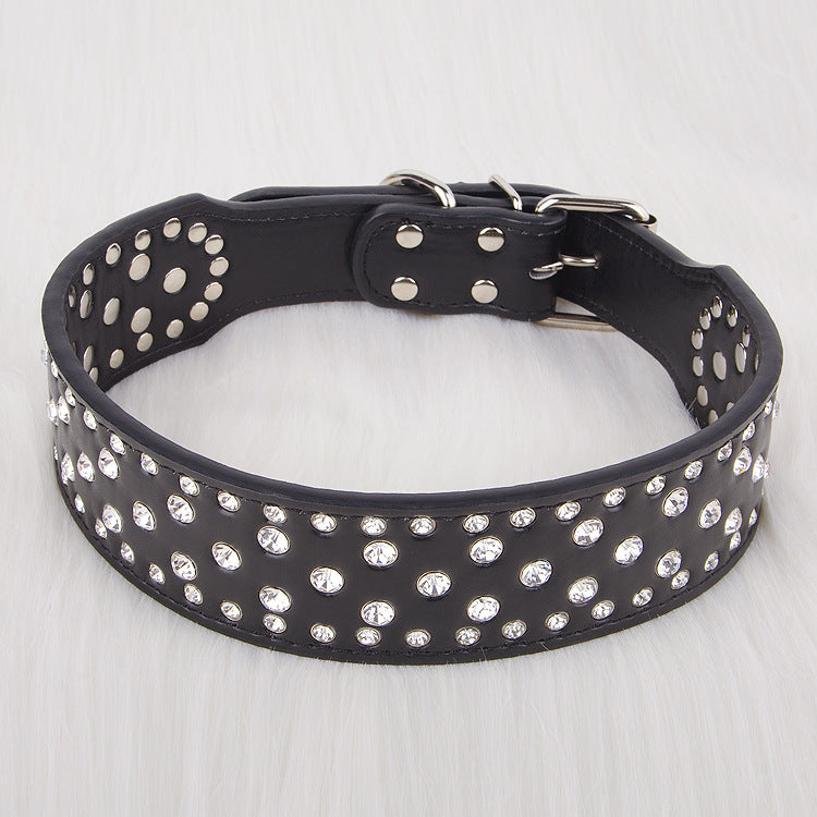 HKM-7414333 Elegant Rhinestone Leather Dog Collar for Small, Medium, and Large Dogs in Black, White, Red, and Pink